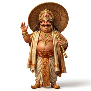 Cheerful 3D illustration of King Mahabali wearing traditional Kerala attire and golden jewelry holding a wooden umbrella for festive Onam celebration on a white background.