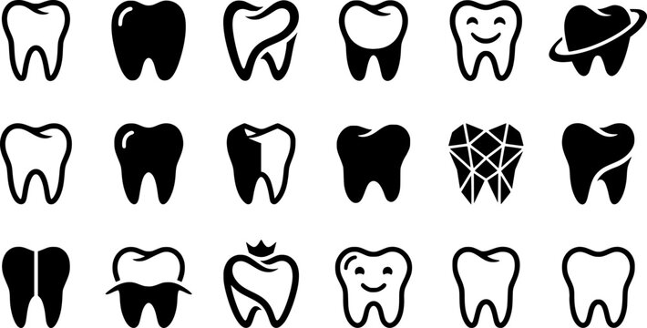 Black Tooth Dental Icon Set with Dentist Clinic Symbols Isolated on White Background