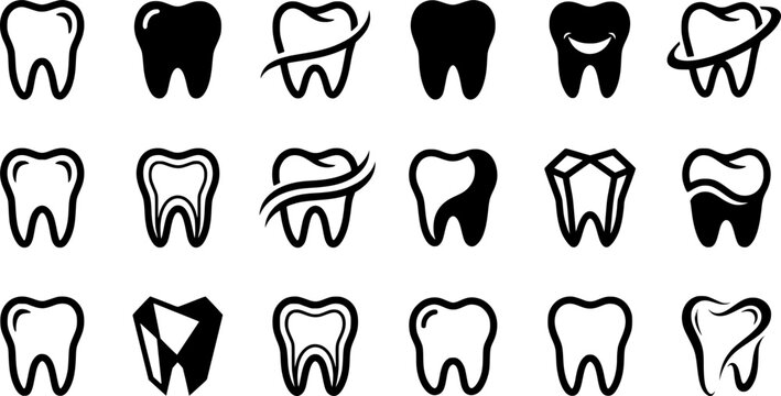 Black Tooth Dental Icon Set with Dentist Clinic Symbols Isolated on White Background