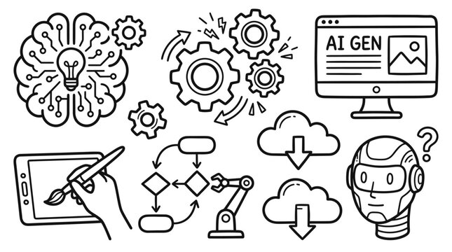 A futuristic illustration of a robotic arm and a human-like figure interacting with a computer and a tablet, showcasing AI generation and technological innovation.
