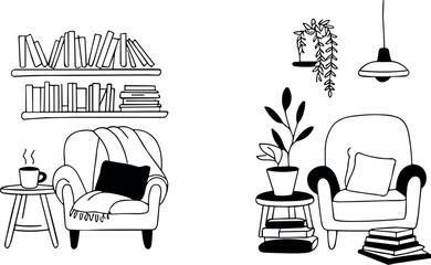 Cozy reading nook with bookshelves and comfortable armchairs decorated with plants and a cup of coffee © Sourav Sou