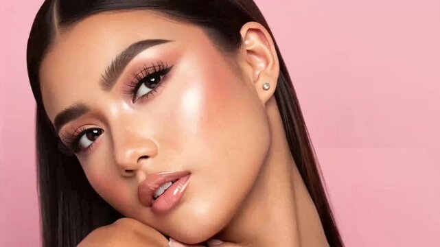A young woman with makeup looks directly at the camera on a pink background