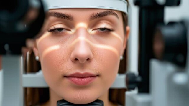 Female patient with green eyes undergoing slit lamp eye examination in modern optometry clinic