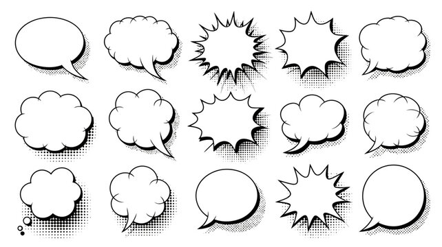 A collection of black and white comic book speech bubbles and explosion bursts with halftone dot shading, isolated on a white background, for projects