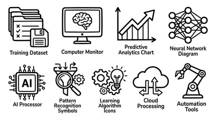 Fototapeta premium A computer monitor displays a predictive analytics chart with neural network diagram and AI processor icons, surrounded by automation tools and learning algorithm symbols.