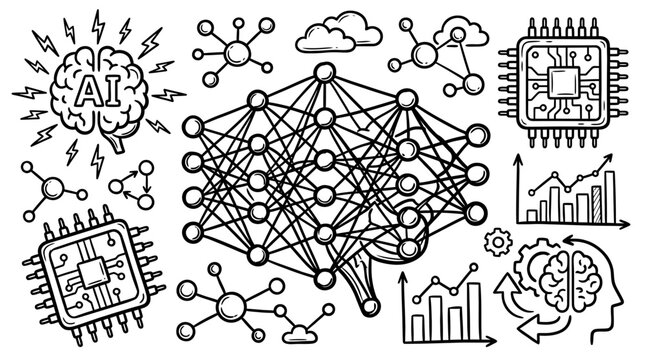 An illustration of a complex neural network with AI concepts and various technical diagrams surrounding it.