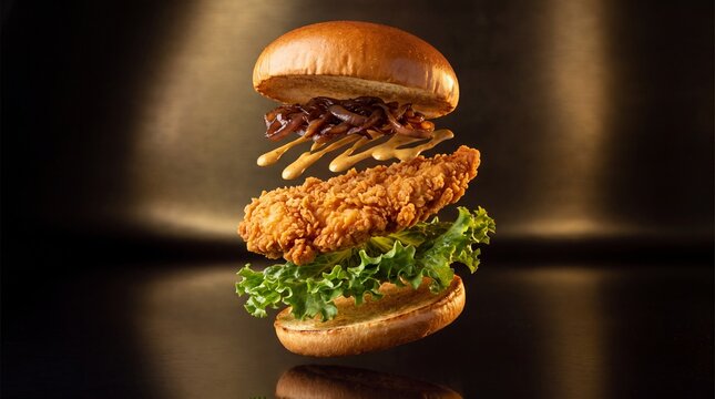 Gourmet crispy chicken burger with flying ingredients, levitating fried chicken sandwich on dark background, premium fast food advertising concept