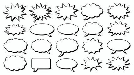 Fototapeta premium Assorted comic book speech bubbles and thought balloons with black outlines and halftone dot shading, isolated on a white background, for communication and messaging