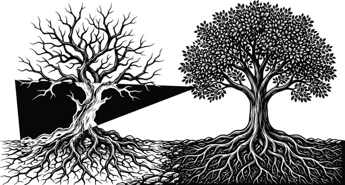 Intricate black and white illustration of two contrasting trees with intertwined roots and branches