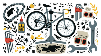Naklejka premium Bicycle maintenance and repair concept icons with bike, tools and chain lube for presentation design in colorful illustration