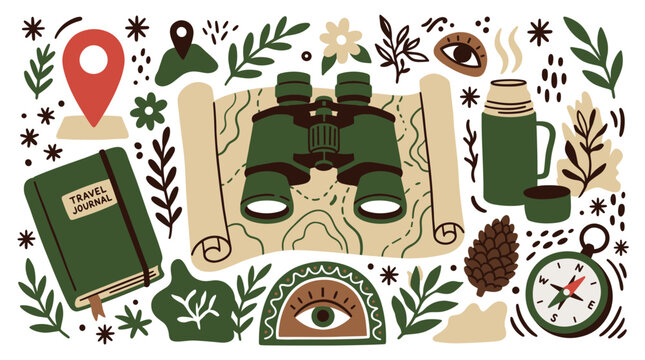 Travel and exploration vector icons with binoculars, map and compass for branding design in flat illustration
