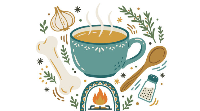 Warm and comforting food design icons with steaming cup, garlic and wooden spoon for infographic use in minimal hand drawn style