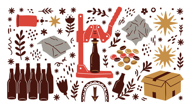 Beverage and bottling design icons with bottle capper, bottles and caps for branding design in flat colorful style