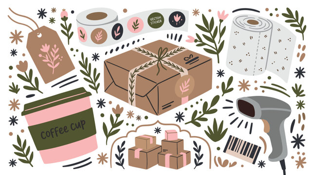 Packaging and coffee UI elements with coffee cup, parcel and barcode scanner for branding design style