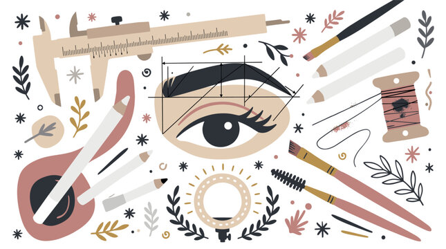 Eyebrow shaping and makeup concept icons with brush, eyebrow pencil and eye for branding design in minimal outline style