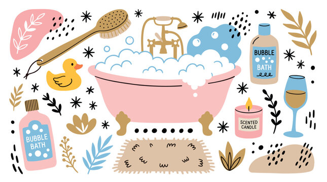 Bath and relaxation design icons with bathtub, brush and candle for print design in colorful illustration