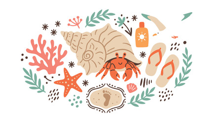 Naklejka premium Marine and summer vector icons with shell, crab and flip flops for vacation marketing in playful vector art style