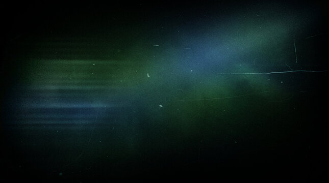 Abstract Analog Film Grunge Background with Dark Green Blue Light Leak, Aurora Glow, Horizontal Scan Lines, Film Grain and Scratch Texture Overlay on Black