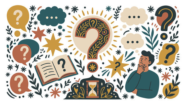Question and communication concept icons with thought bubbles, man, hourglass for presentation design in doodle style