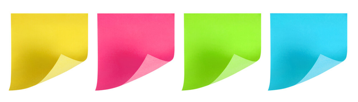Set of colorful sticky notes with peeled corners, isolated on transparent cutout background