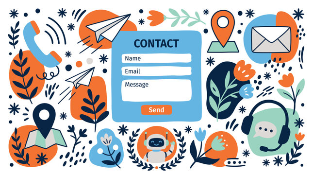 Contact and communication UI elements with paper planes, phone and map pointer for web design in colorful illustration style