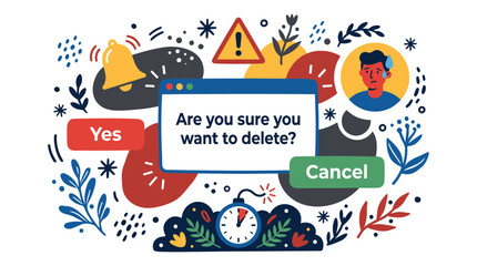 Fototapeta premium User confirmation and alert design icons with warning sign, clock and buttons for software interface presentation in flat colorful style