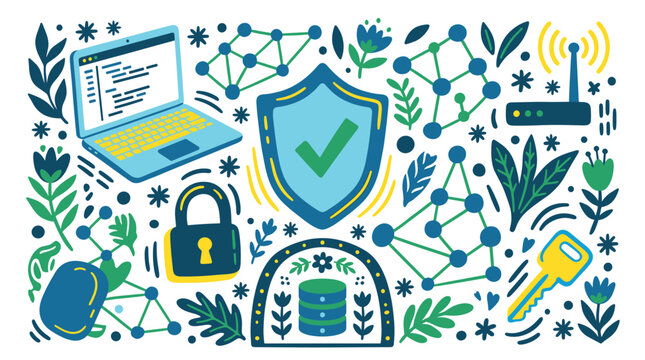 Cybersecurity and technology vector icons with shield, laptop and lock for infographic design in modern colorful style