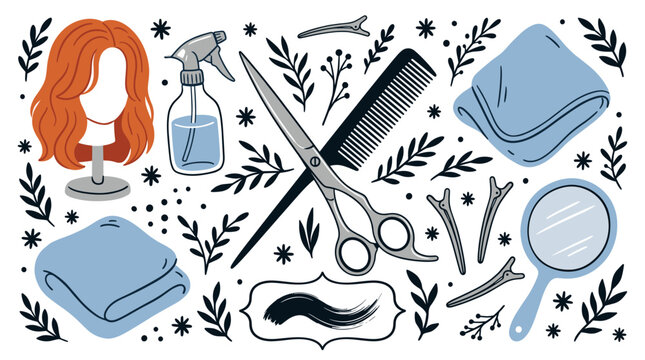 Haircare and grooming design icons with scissors, comb and wig for beauty salon branding in doodle style