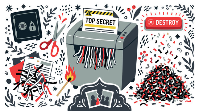 Document security and confidential information vector icons with shredder, top secret paper, scissors for office presentation in flat style