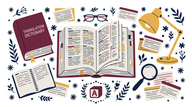 Reading and translation vector icons with open book, dictionary and magnifying glass for educational design in hand drawn illustration