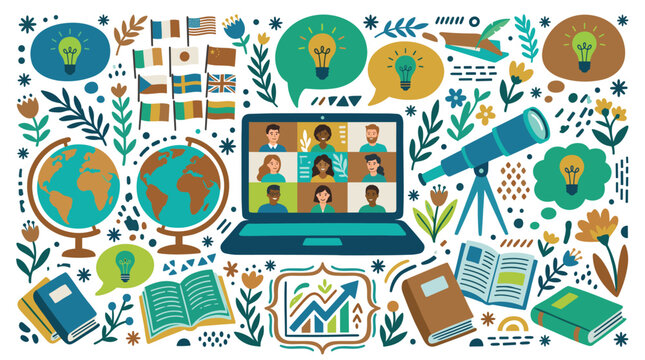 Education and global communication UI elements with laptop, globe, books for presentation design illustration