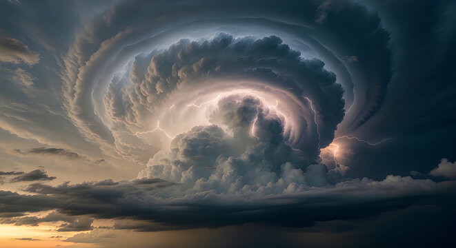 Dramatic Swirling Storm Clouds Over Coastal Horizon at Sunset