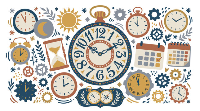 Time and clockwork vector icons with pocket watch, calendar and gears for productivity presentation in vintage colorful illustration
