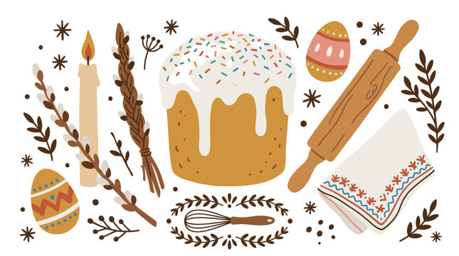 traditional and festive design icons with cake, decorated eggs and candle for print marketing in warm colorful style