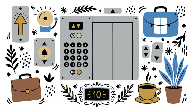 Elevator and office UI elements with elevator buttons, briefcase and coffee cup for web dashboard design style