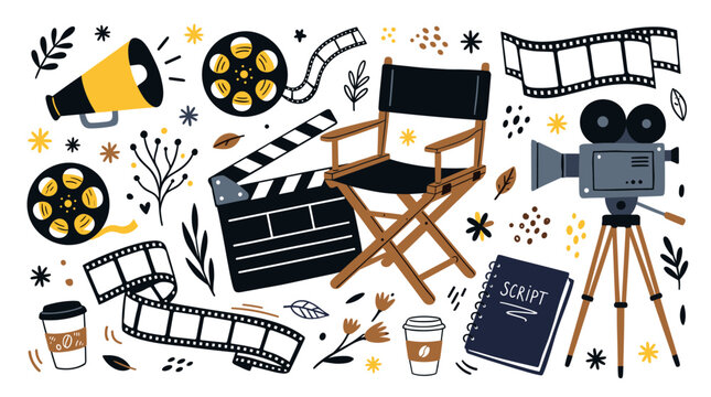 film and cinema design icons with director chair, clapperboard and movie camera for presentation design style