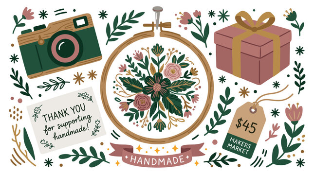 handmade and craft design icons with embroidery hoop, camera and gift box for branding design in vector art style