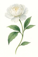 Fototapeta premium White Peony Flower Blooming with Green Leaves on White Background