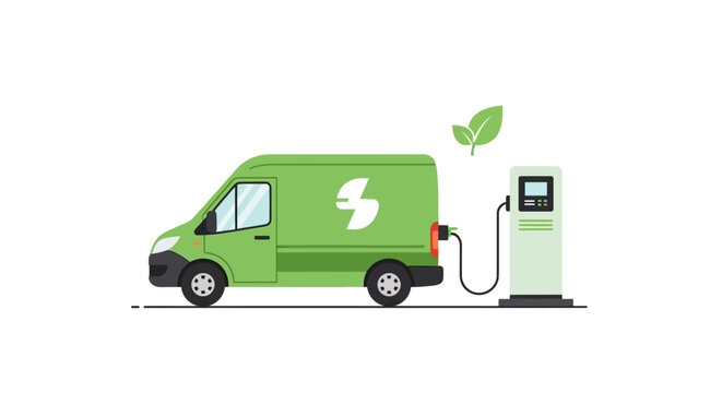 Green Electric Delivery Van Charging at Station, Flat Vector Illustration of Sustainable Eco-Friendly Logistics and Transportation Concept
