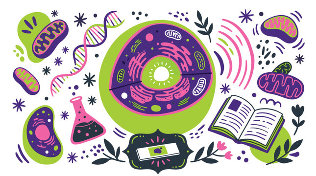 Biology and genetics vector icons with cell, mitochondria, dna, flask for infographic design