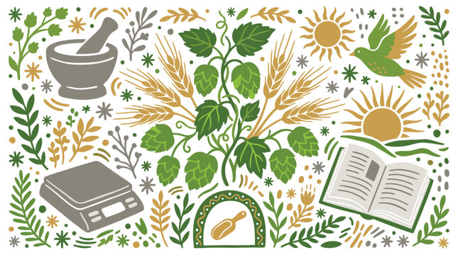 Brewing and natural design icons with hop plant, scales and mortar for web branding in colorful hand drawn illustration