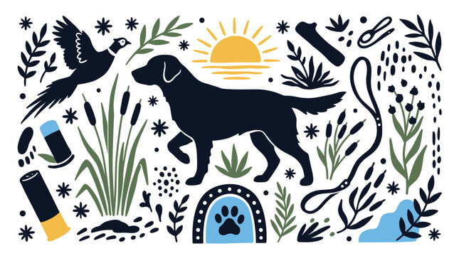 hunting and nature vector icons with dog, bird and shotgun shell for wildlife exploration design in minimal flat style
