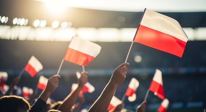 Crowd waving Polish flags at outdoor sporting event under bright lights