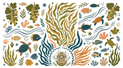 Fototapeta premium Ocean and marine life concept icons with fish, sea turtles and coral for branding design in colorful flat illustration