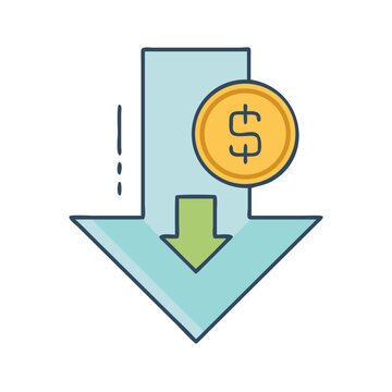 Money symbol falling down arrow icon - A clean vector icon showing a dollar sign inside a downward arrow, symbolizing decrease or loss of money.