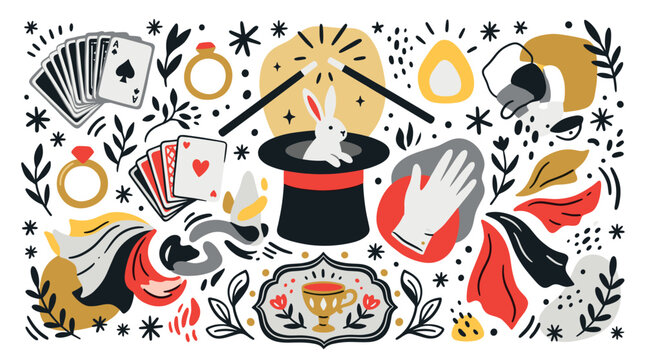 Magic and illusion design icons with magician hat, playing cards and rabbit for presentation design in flat vector art