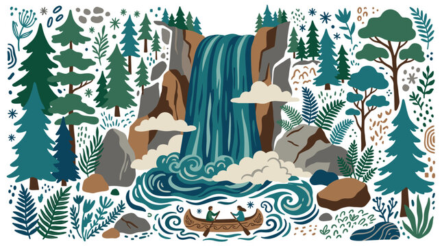 Nature and adventure vector icons with waterfall, canoe and pine tree for infographic design in colorful illustration