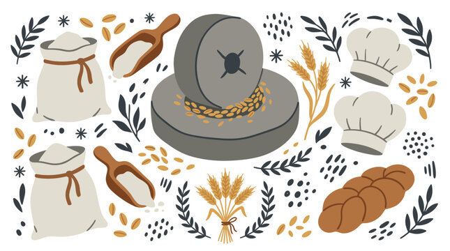 Baking and wheat concept icons with flour bags, bread and millstone for infographic design in minimal hand style