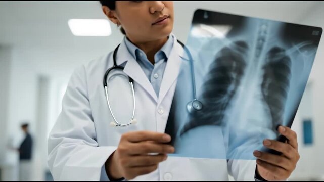 Radiologist examining a chest x-ray and pointing at lungs in a modern medical clinic