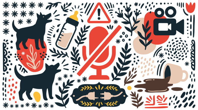 Mute and communication warning design icons with microphone off, baby bottle and video camera for mobile app design in flat illustration style